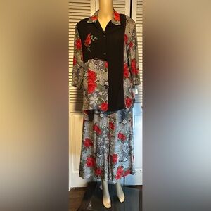 NWT Draper’s & Damon’s Skirt Set Outfit Black & White + Red Roses Women’s PL
